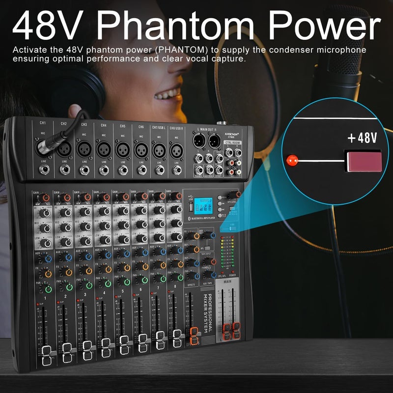 Kaschun Professional Audio Mixer Sound Board - 8 Channel - DJ Mixer,Equipped with 48v Phantom Power - Bluetooth - Mp3 Player, Studio Audio Mixer Suitable for DJ Studio Streaming Recording - Image 5